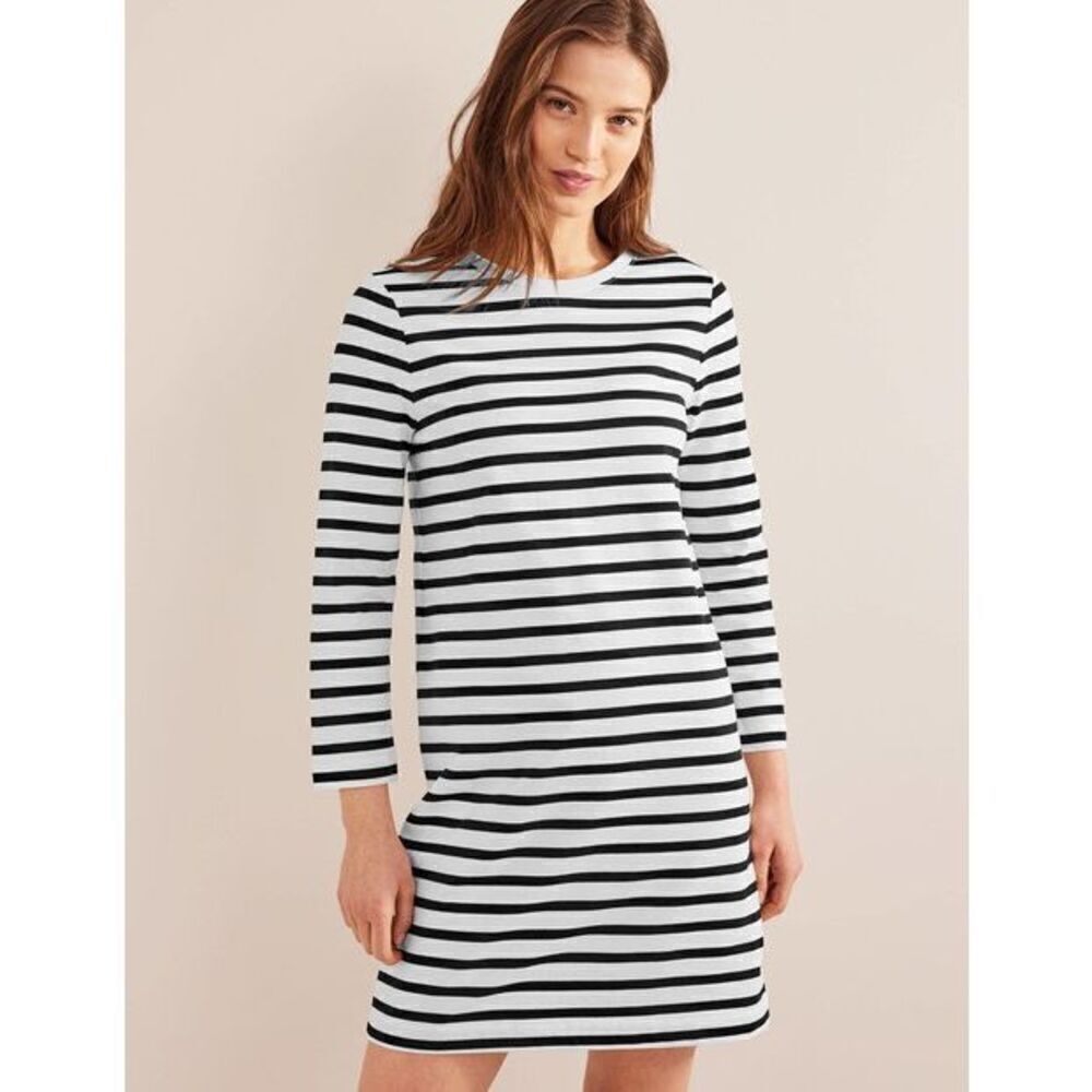 Boden Jersey Mini T-Shirt Dress White Navy Breton Stripe Size US 10 Regular EUC